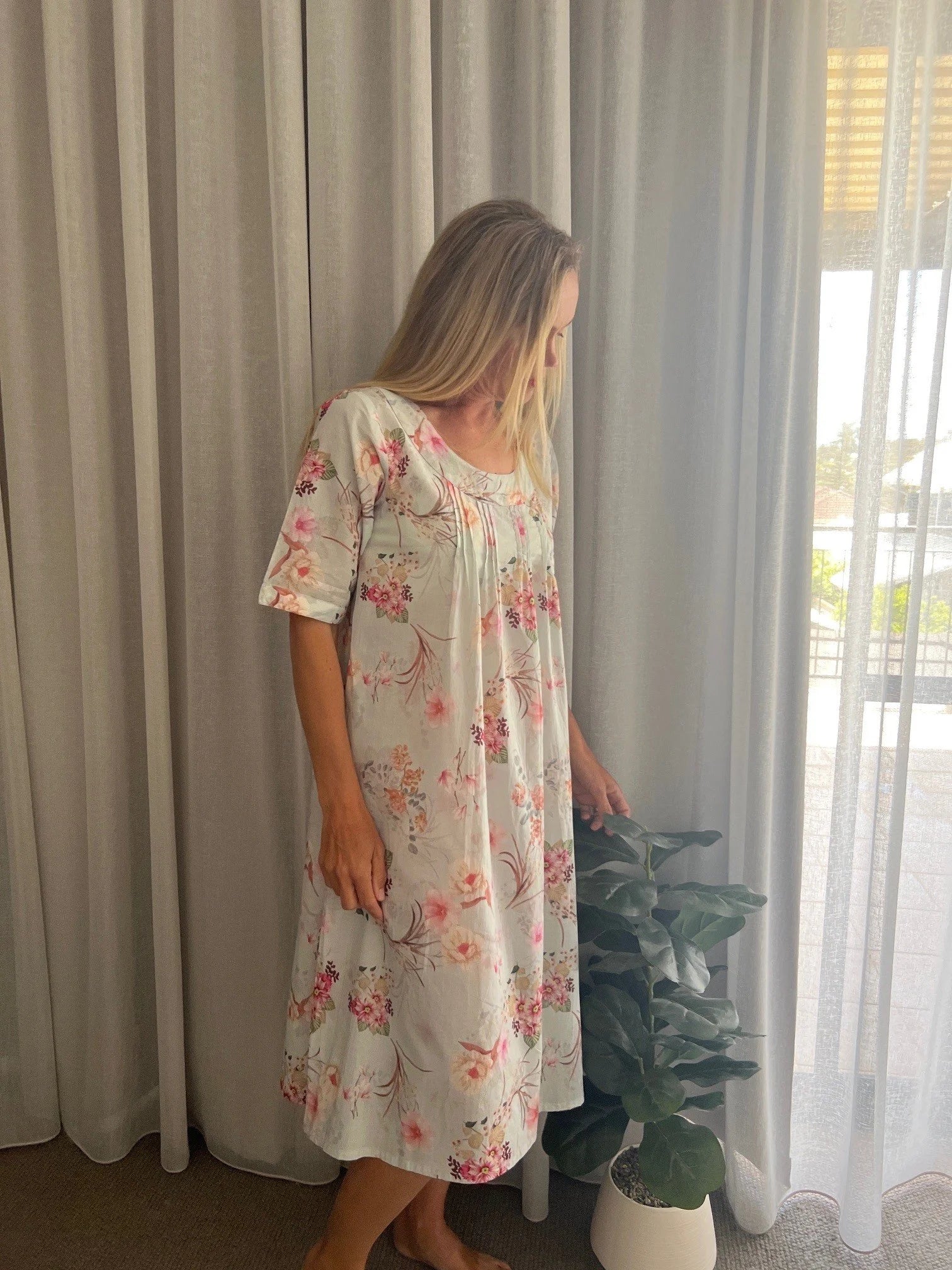 Libby Soft Blue floral mix  Pure Cotton shift style Nightie with sleeve