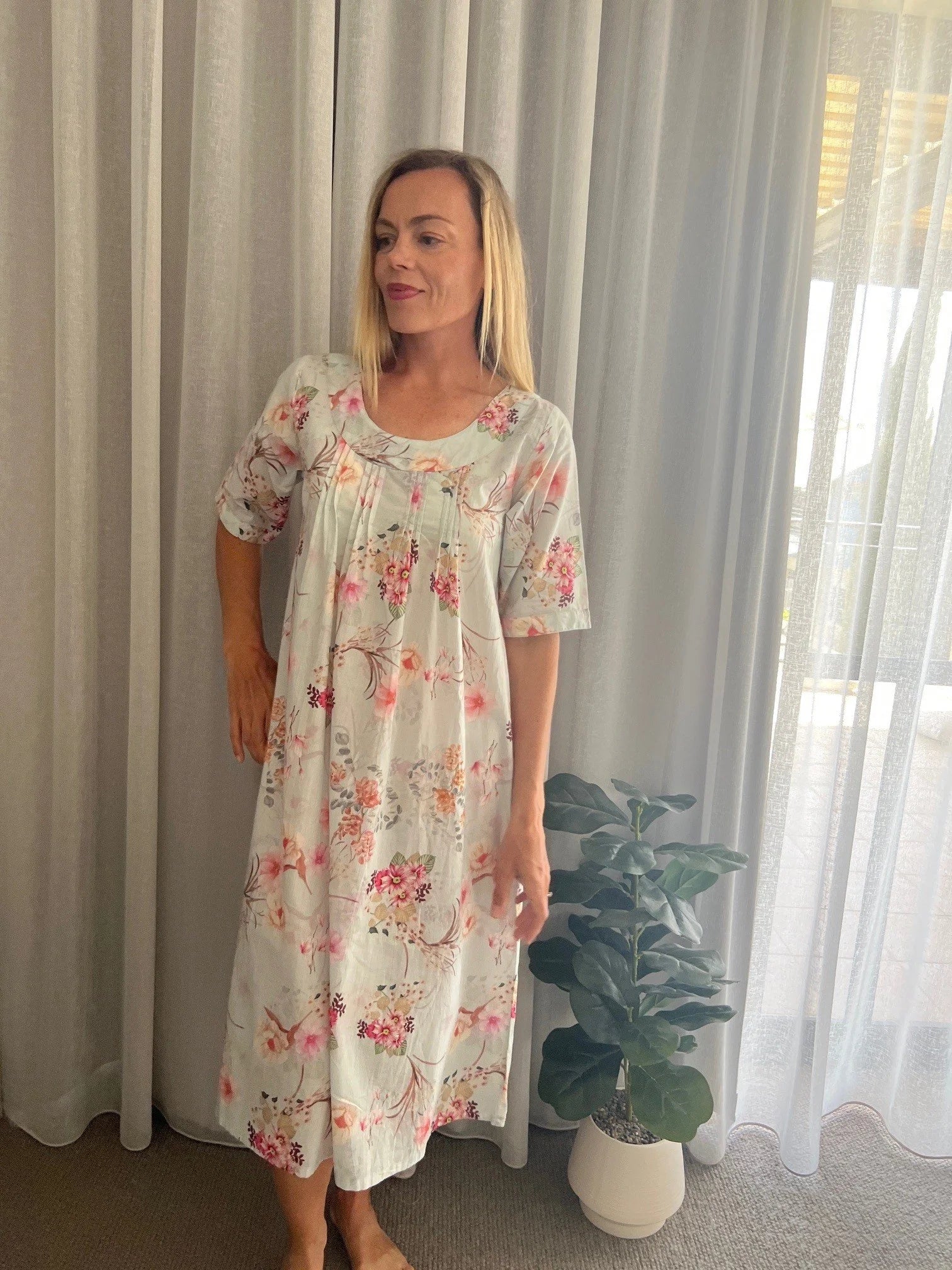 Libby Soft Blue floral mix  Pure Cotton shift style Nightie with sleeve