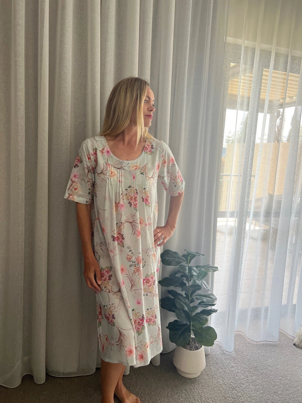 Libby Soft Blue floral mix  Pure Cotton shift style Nightie with sleeve