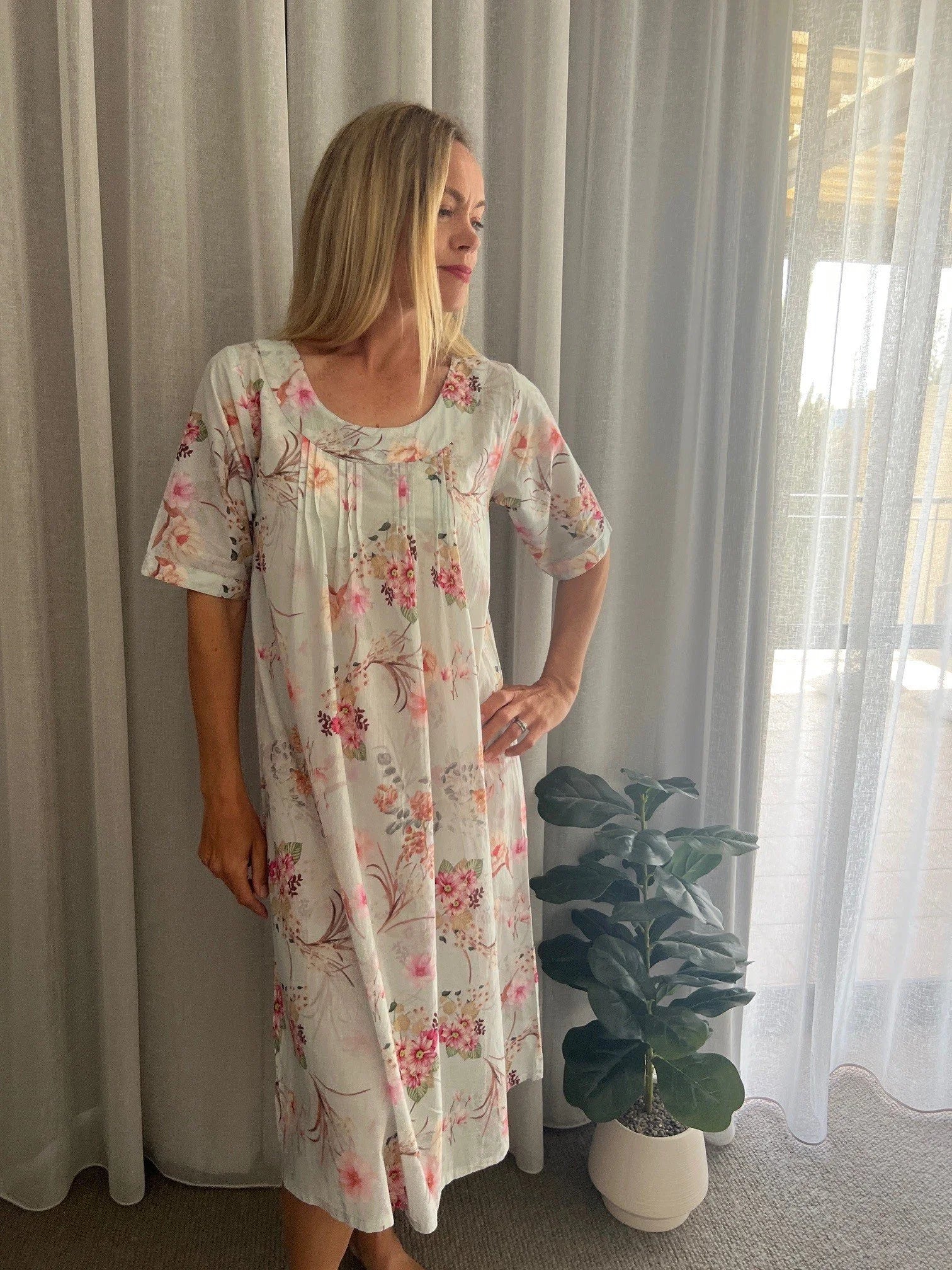 Libby Soft Blue floral mix  Pure Cotton shift style Nightie with sleeve