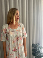 Libby Soft Blue floral mix  Pure Cotton shift style Nightie with sleeve