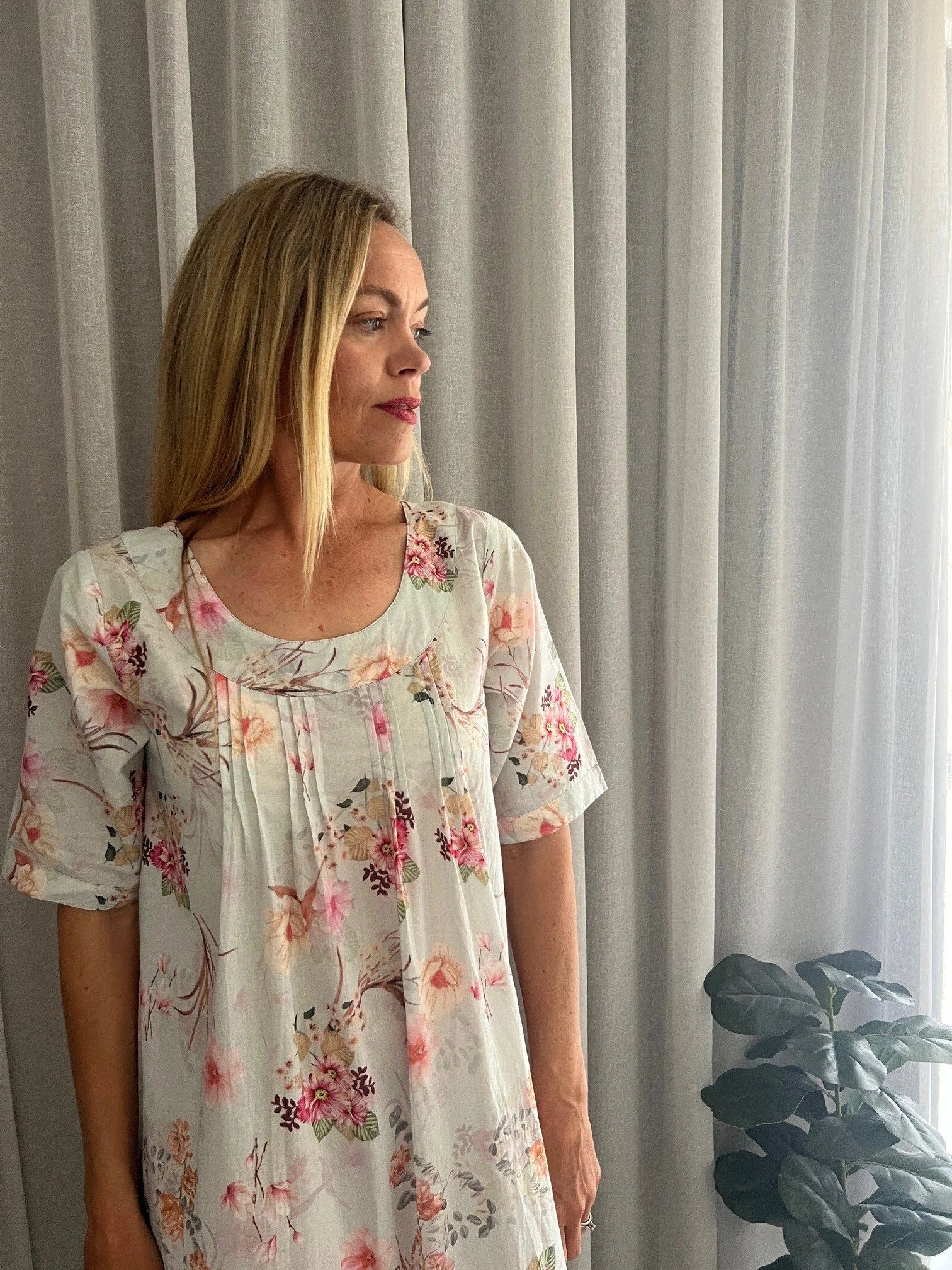 Libby Soft Blue floral mix  Pure Cotton shift style Nightie with sleeve