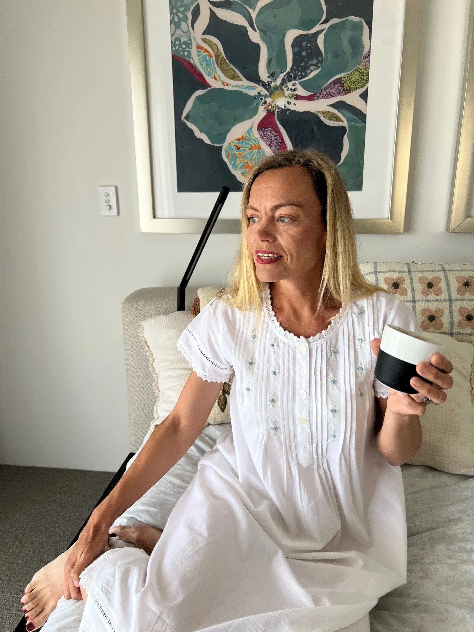 Betty White Pure Cotton Short Sleeve Nightie with blue/green Hand Embroidery