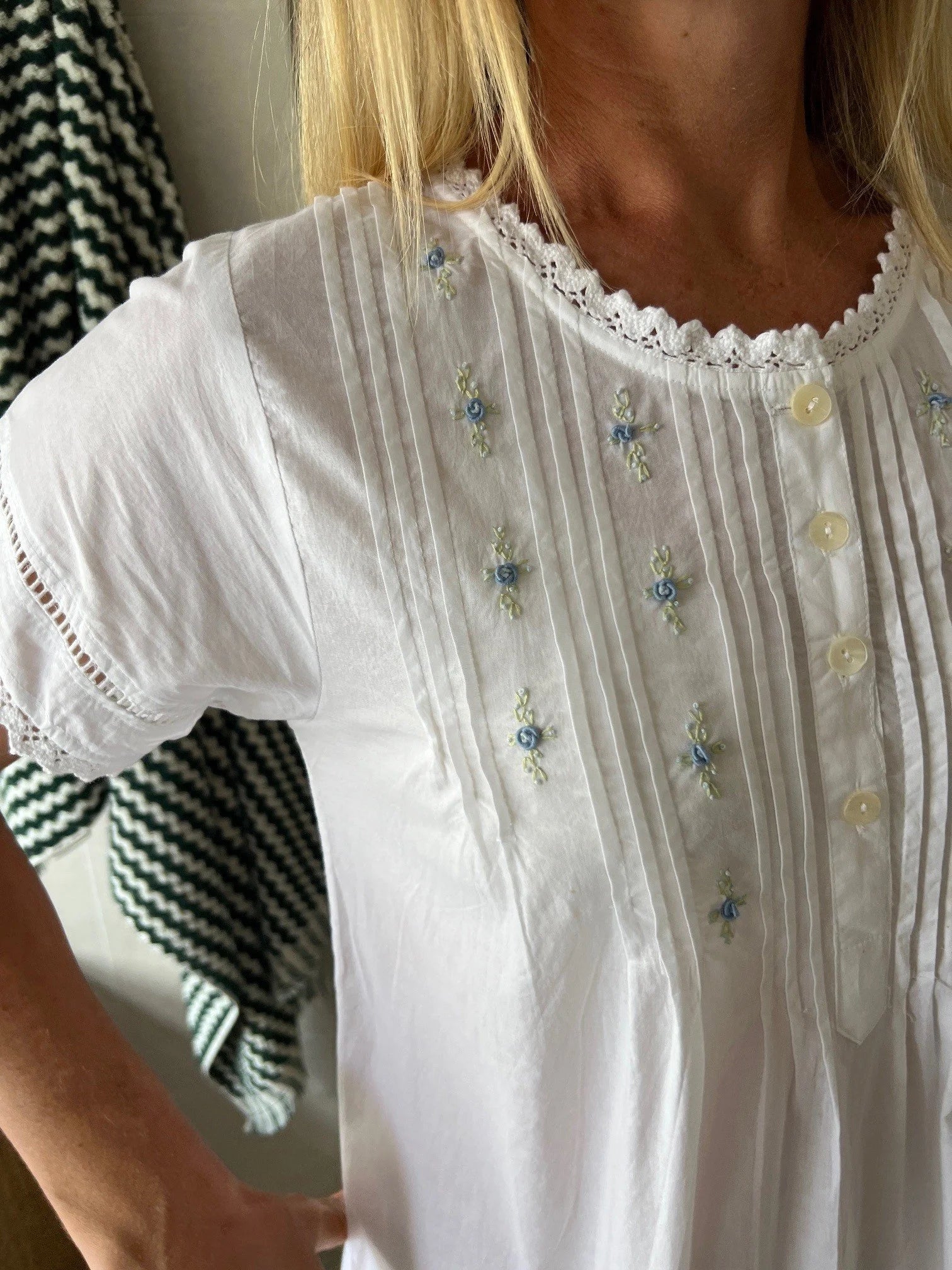 Betty White Pure Cotton Short Sleeve Nightie with blue/green Hand Embroidery