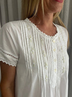 Betty White Pure Cotton Short Sleeve Nightie with white/green Hand Embroidery