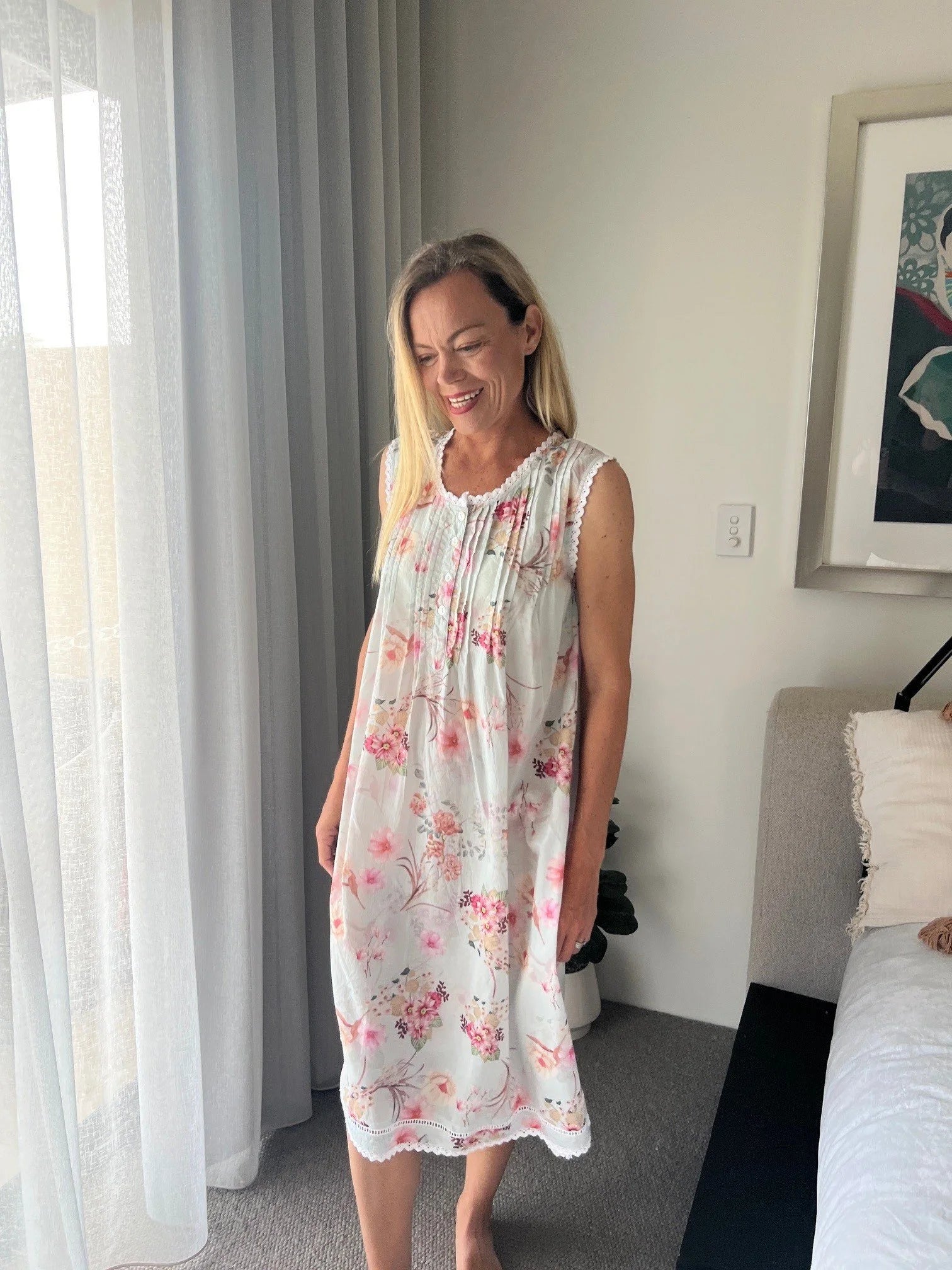 Brittany Soft Blue floral mix  Pure Cotton Sleeveless Nightie