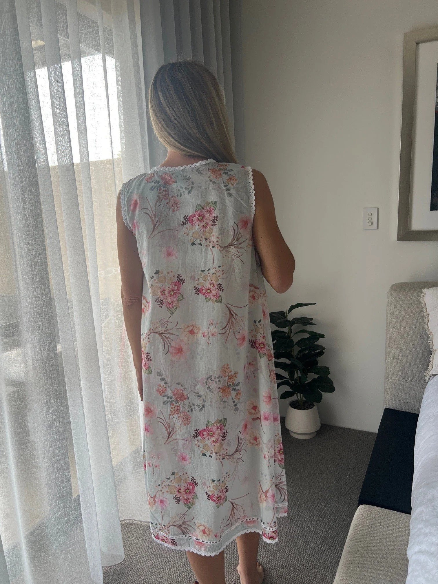 Brittany Soft Blue floral mix  Pure Cotton Sleeveless Nightie