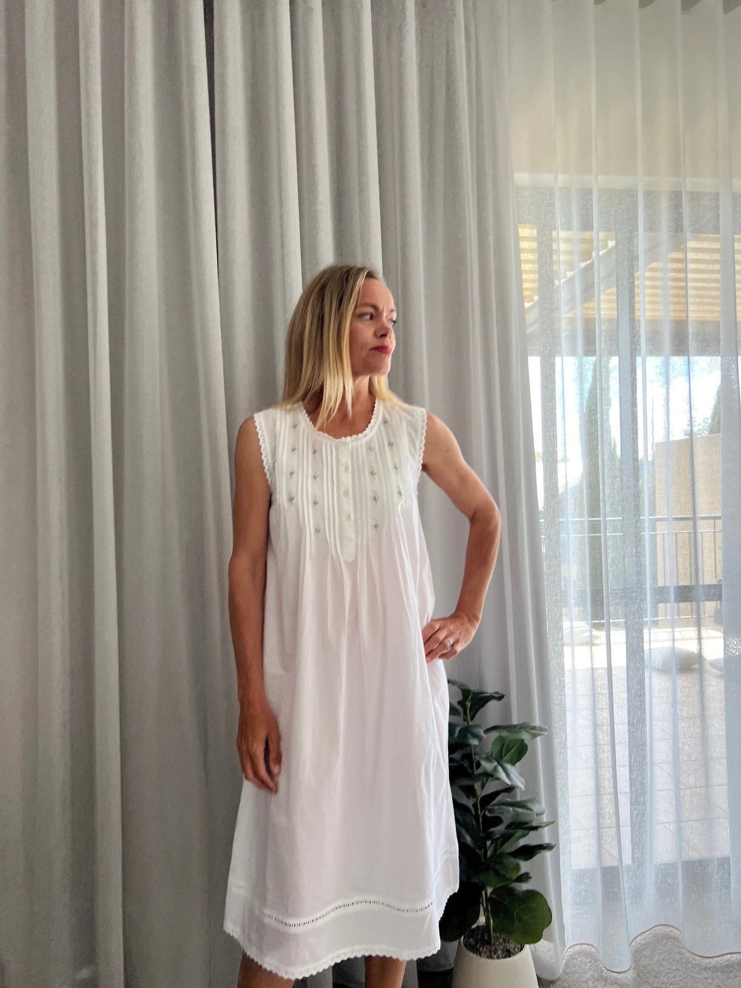 Brittany White Pure Cotton Sleeveless Nightie with blue/green Hand Embroidery