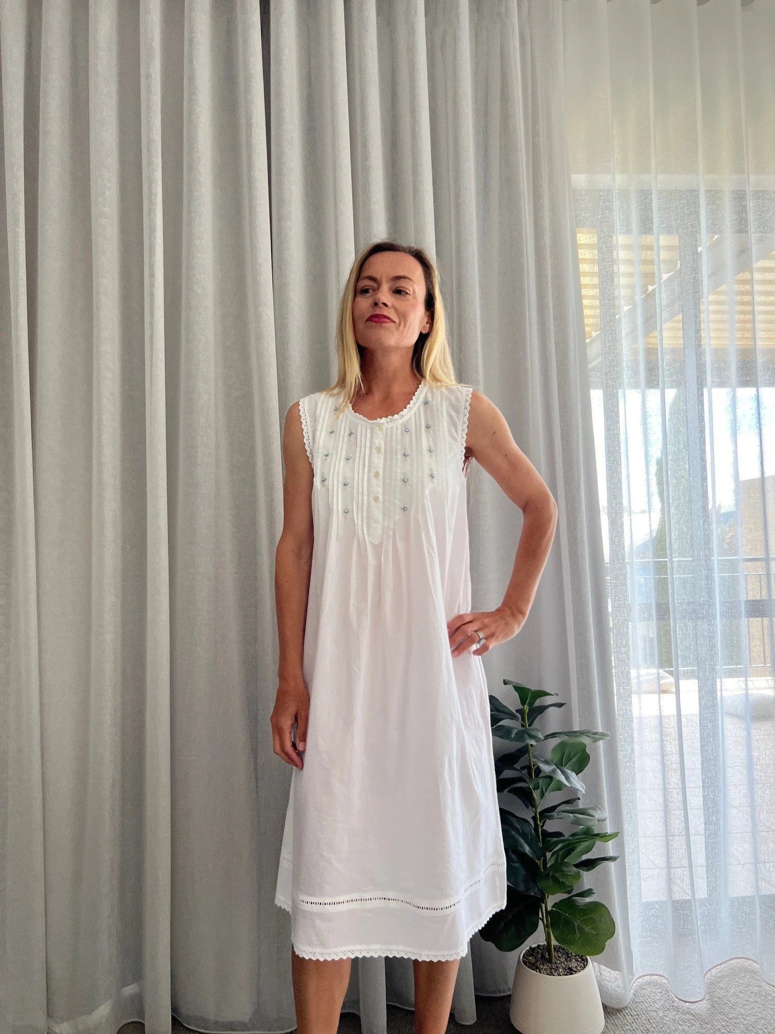Brittany White Pure Cotton Sleeveless Nightie with blue/green Hand Embroidery
