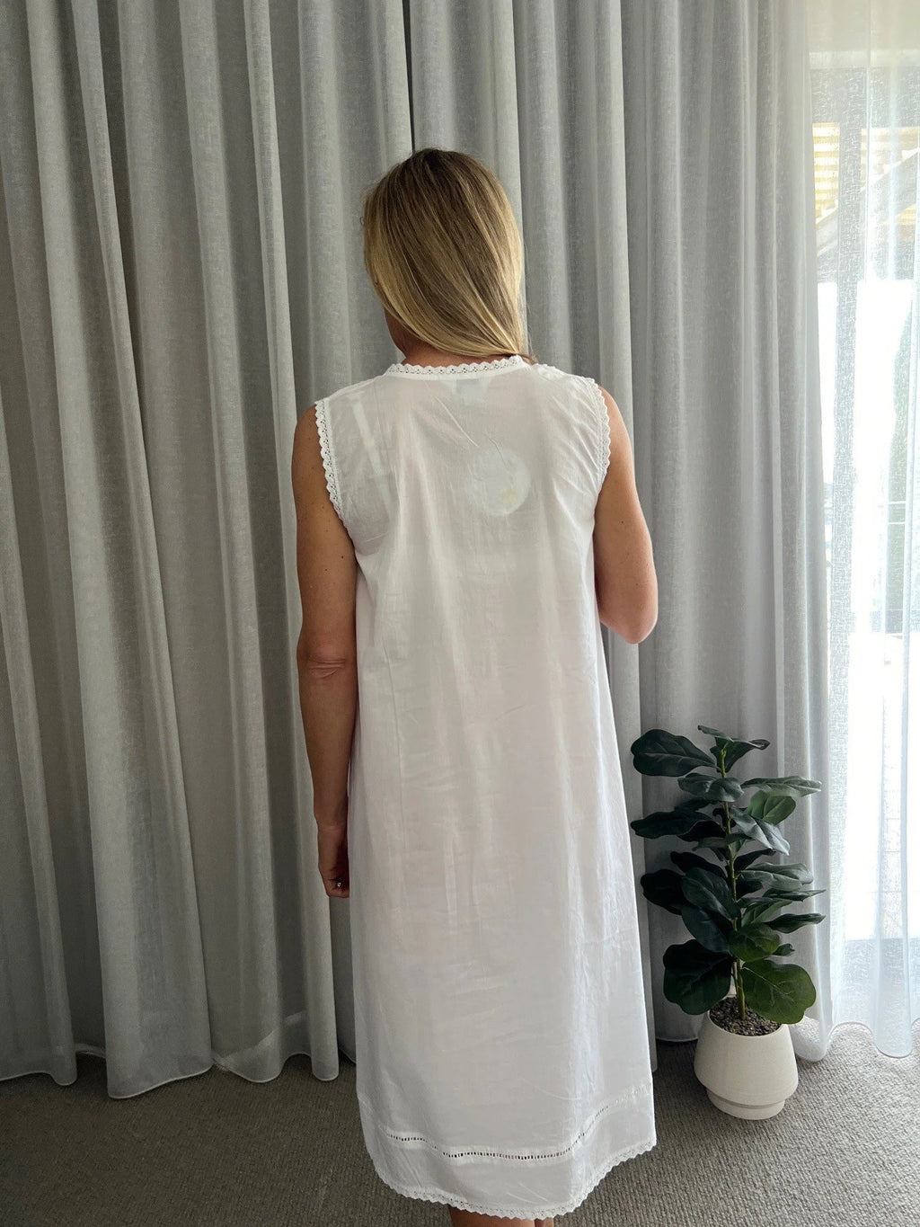 Brittany White Pure Cotton Sleeveless Nightie with blue/green Hand Embroidery