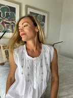 Brittany White Pure Cotton Sleeveless Nightie with blue/green Hand Embroidery