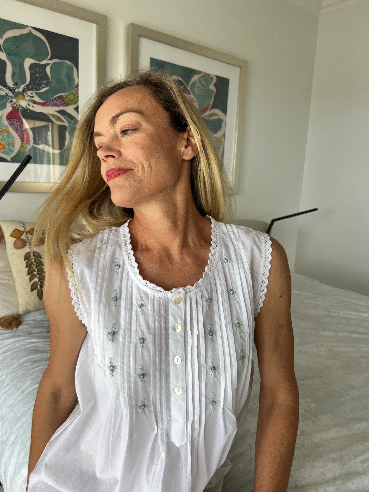 Brittany White Pure Cotton Sleeveless Nightie with blue/green Hand Embroidery