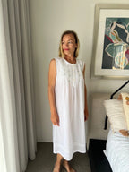 Brittany White Pure Cotton Sleeveless Nightie with blue/green Hand Embroidery