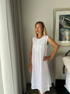 Brittany White Pure Cotton Sleeveless Nightie with blue/green Hand Embroidery