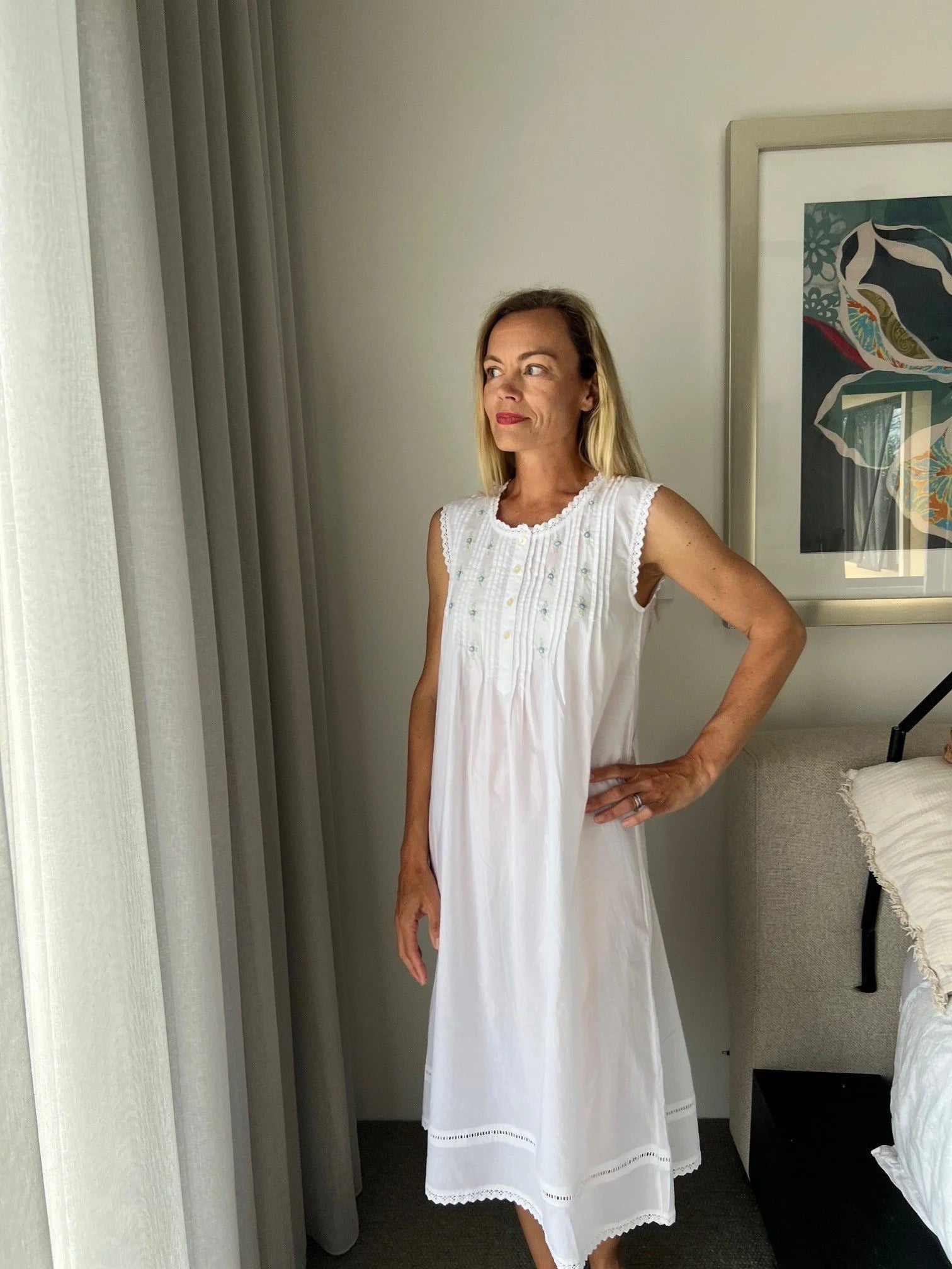 Brittany White Pure Cotton Sleeveless Nightie with blue/green Hand Embroidery