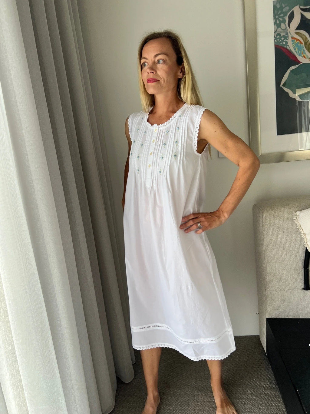 Brittany White Pure Cotton Sleeveless Nightie with blue/green Hand Embroidery