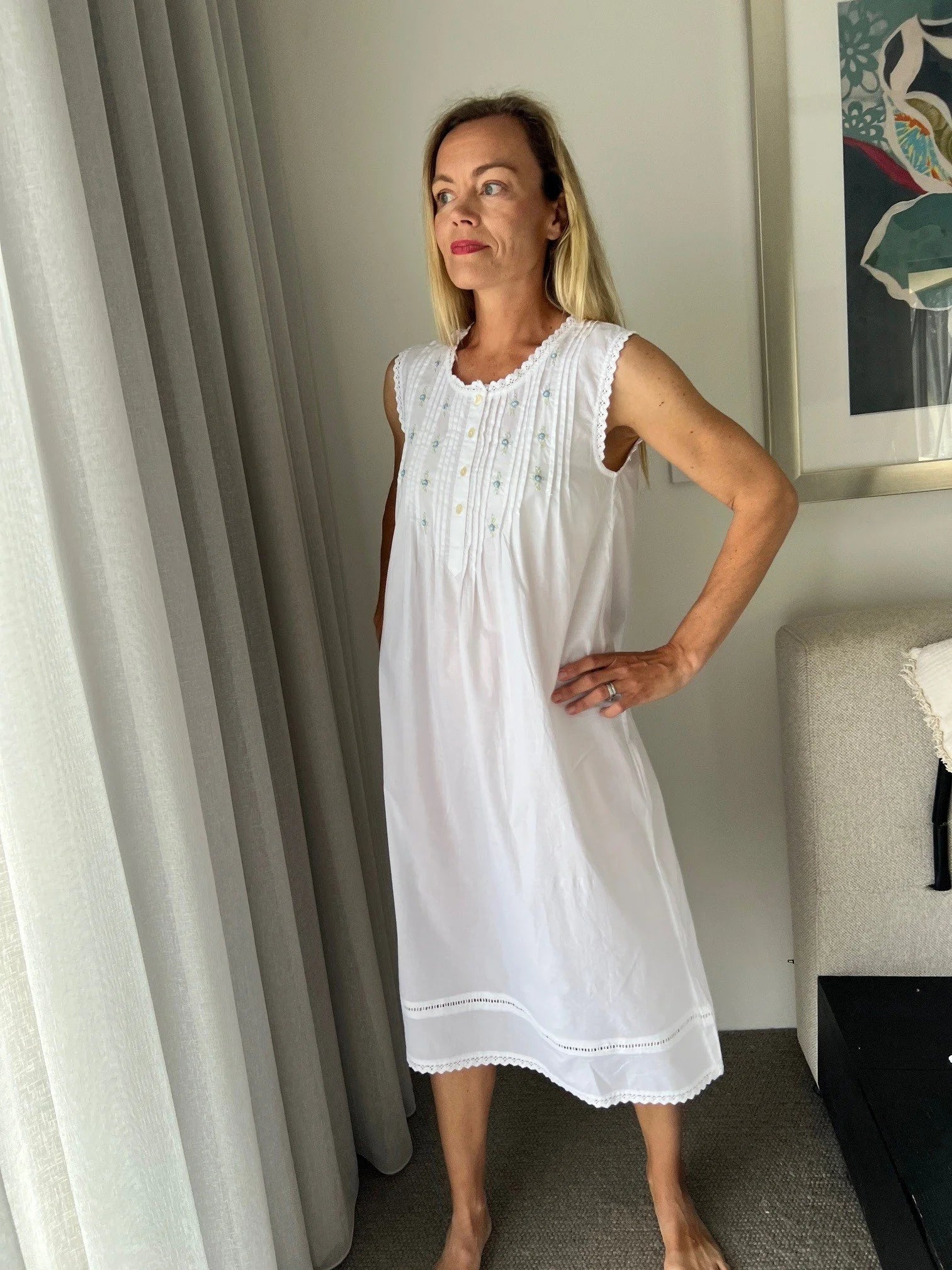 Brittany White Pure Cotton Sleeveless Nightie with blue/green Hand Embroidery