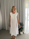 Brittany White Pure Cotton Sleeveless Nightie with white/green Hand Embroidery