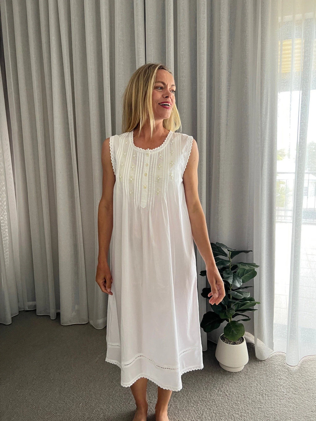 Brittany White Pure Cotton Sleeveless Nightie with white/green Hand Embroidery