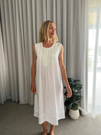 Brittany White Pure Cotton Sleeveless Nightie with white/green Hand Embroidery