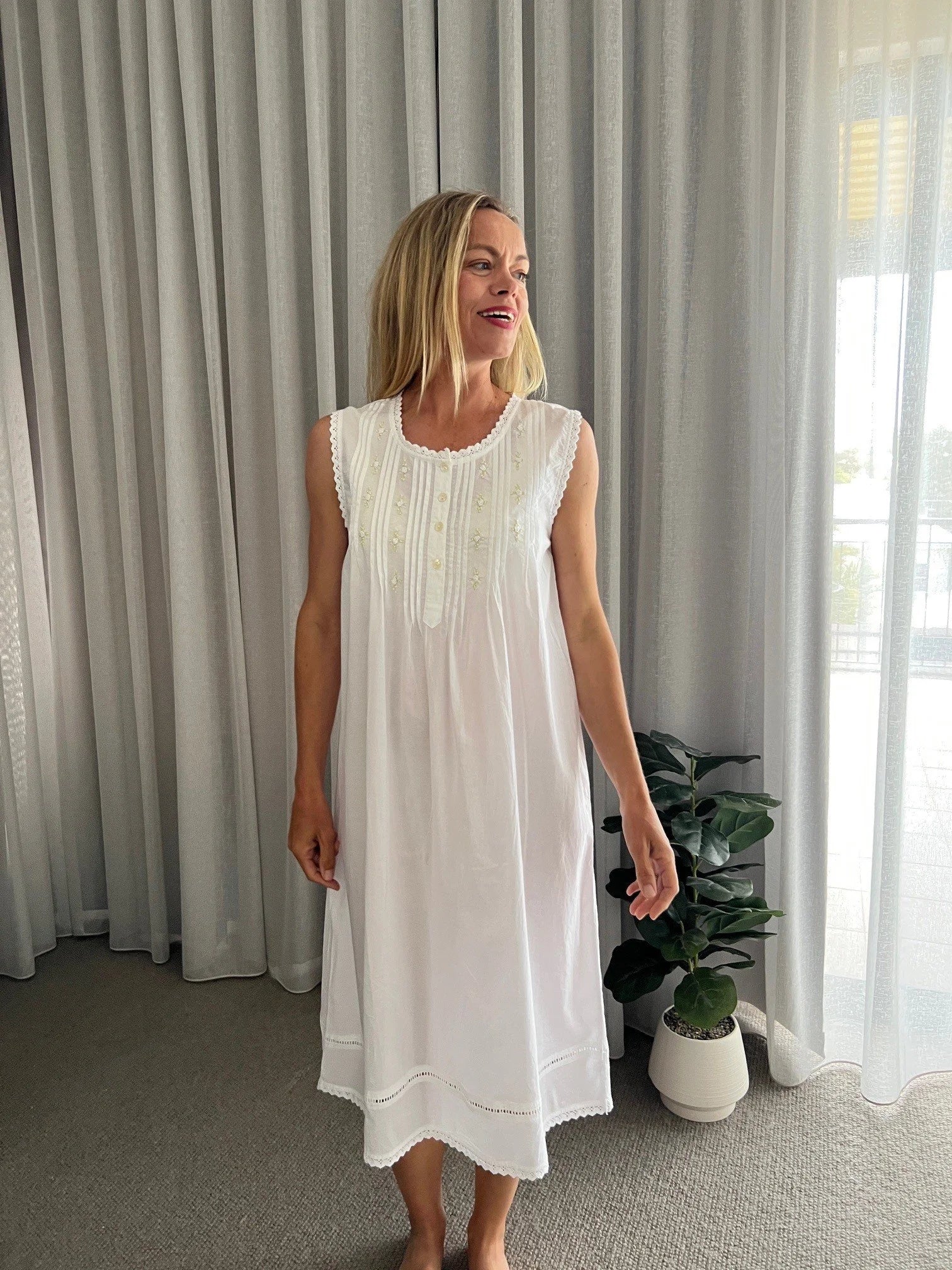 Brittany White Pure Cotton Sleeveless Nightie with white/green Hand Embroidery