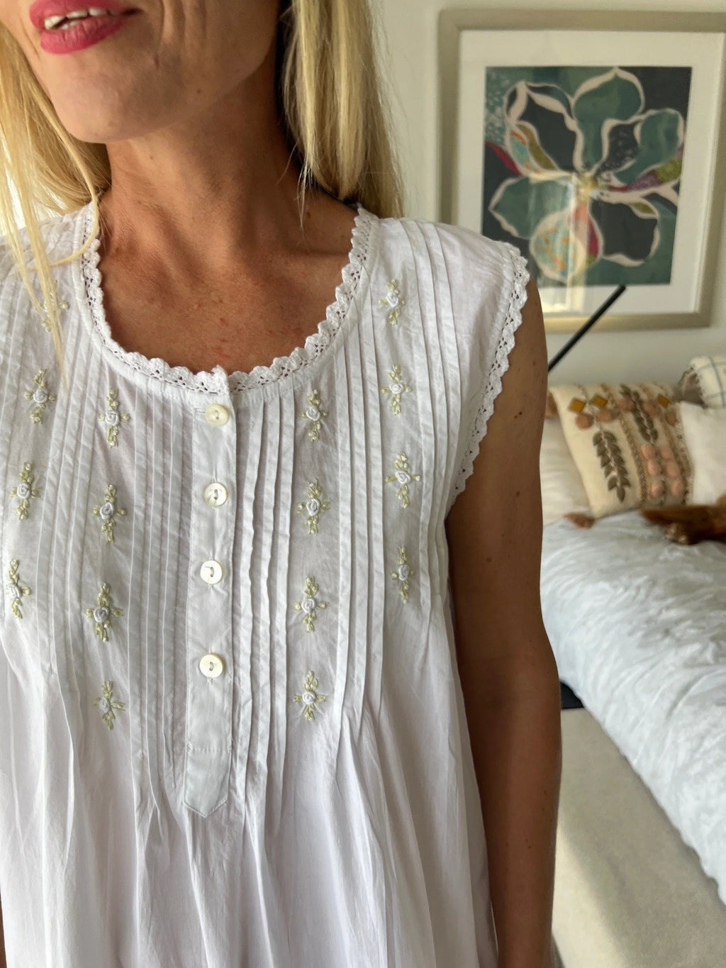 Brittany White Pure Cotton Sleeveless Nightie with white/green Hand Embroidery