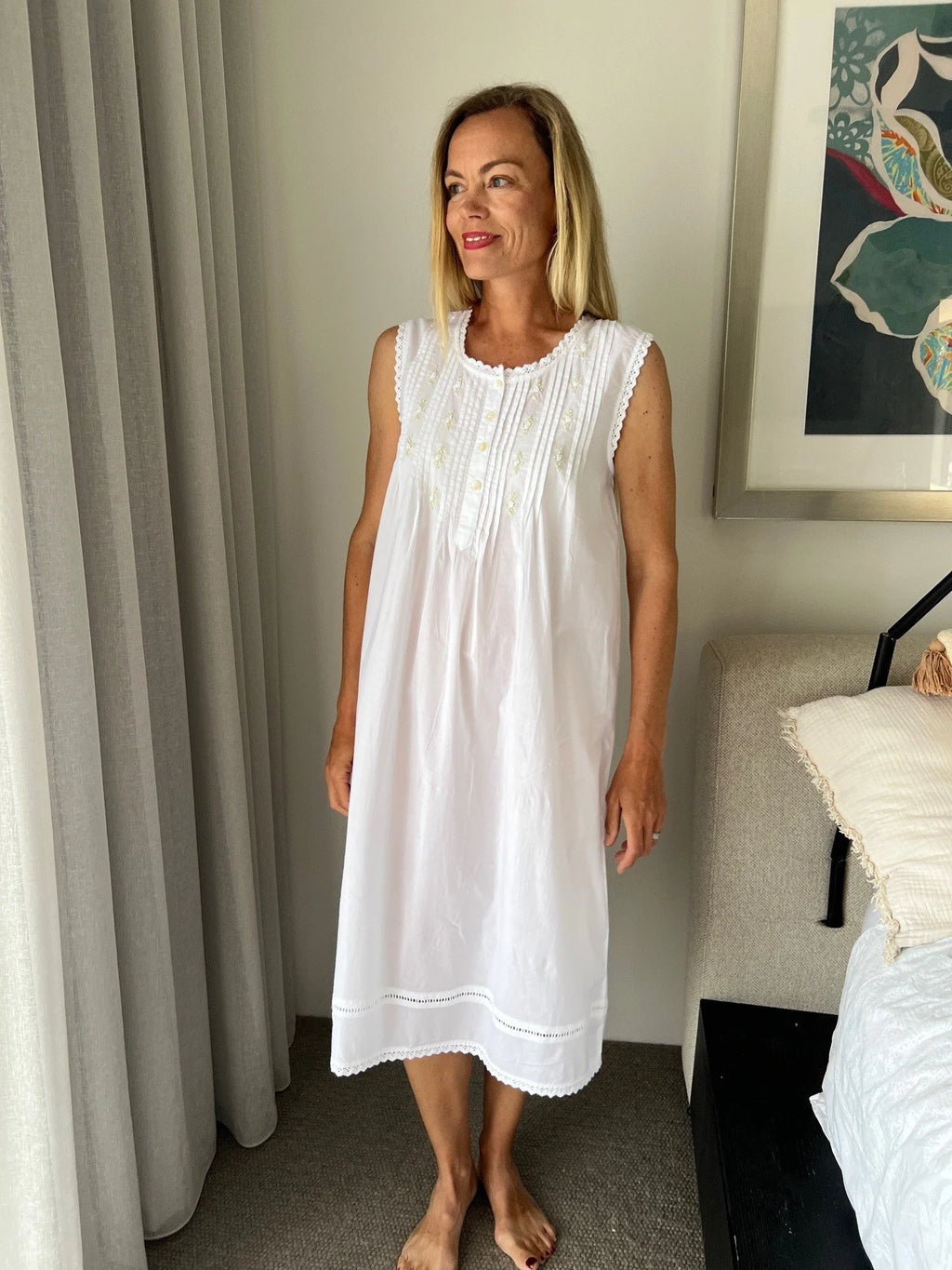 Brittany White Pure Cotton Sleeveless Nightie with white/green Hand Embroidery