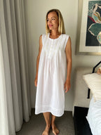 Brittany White Pure Cotton Sleeveless Nightie with white/green Hand Embroidery