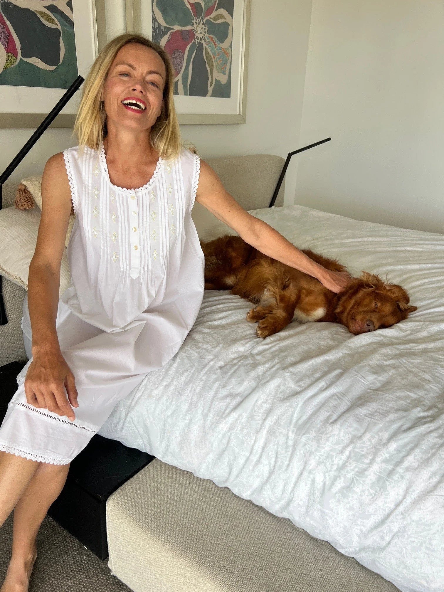 Brittany White Pure Cotton Sleeveless Nightie with white/green Hand Embroidery