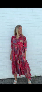 Chelsea in Red Multi geometric print- Pure Cotton layered dress with longsleeves