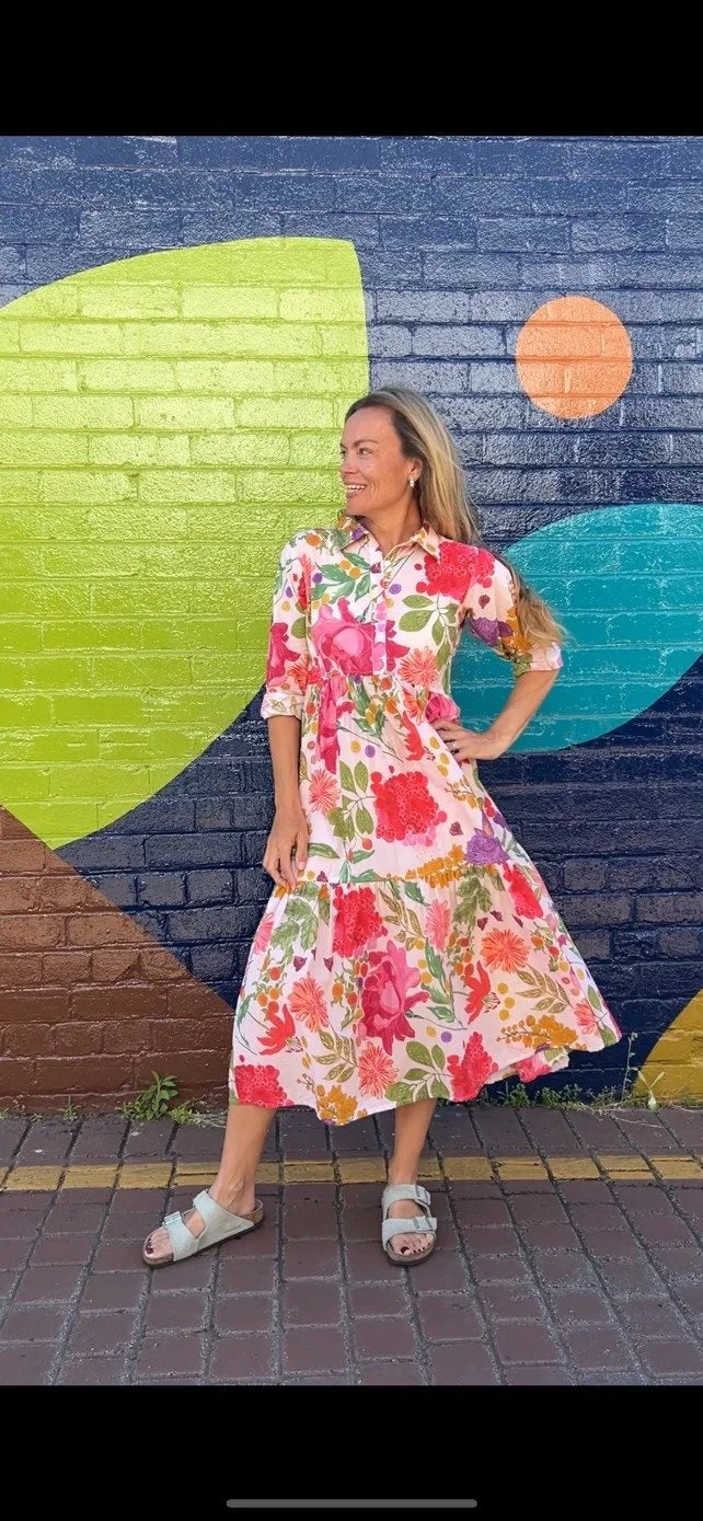 Chelsea in French Garden Floral - Pure Cotton layered dress with longsleeves