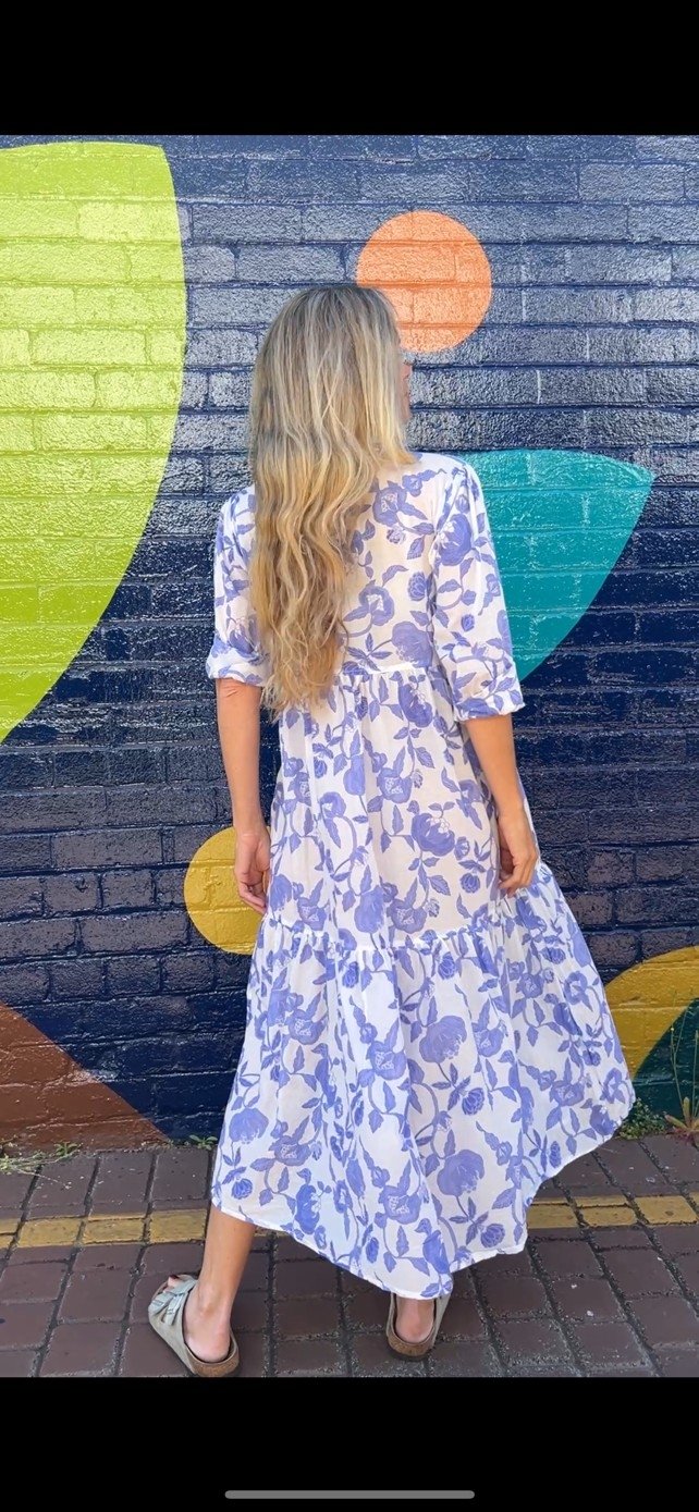 Chelsea in French Blue Floral - Pure Cotton layered dress with longsleeves