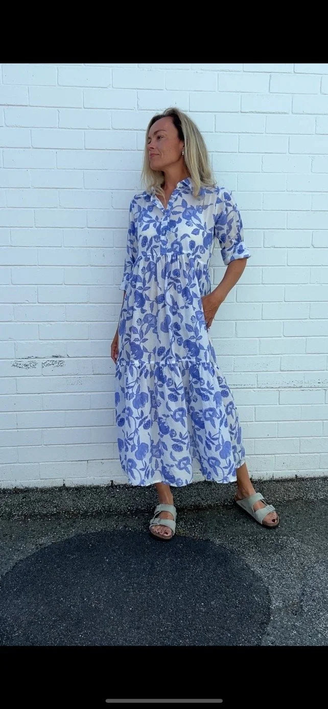 Chelsea in French Blue Floral - Pure Cotton layered dress with longsleeves