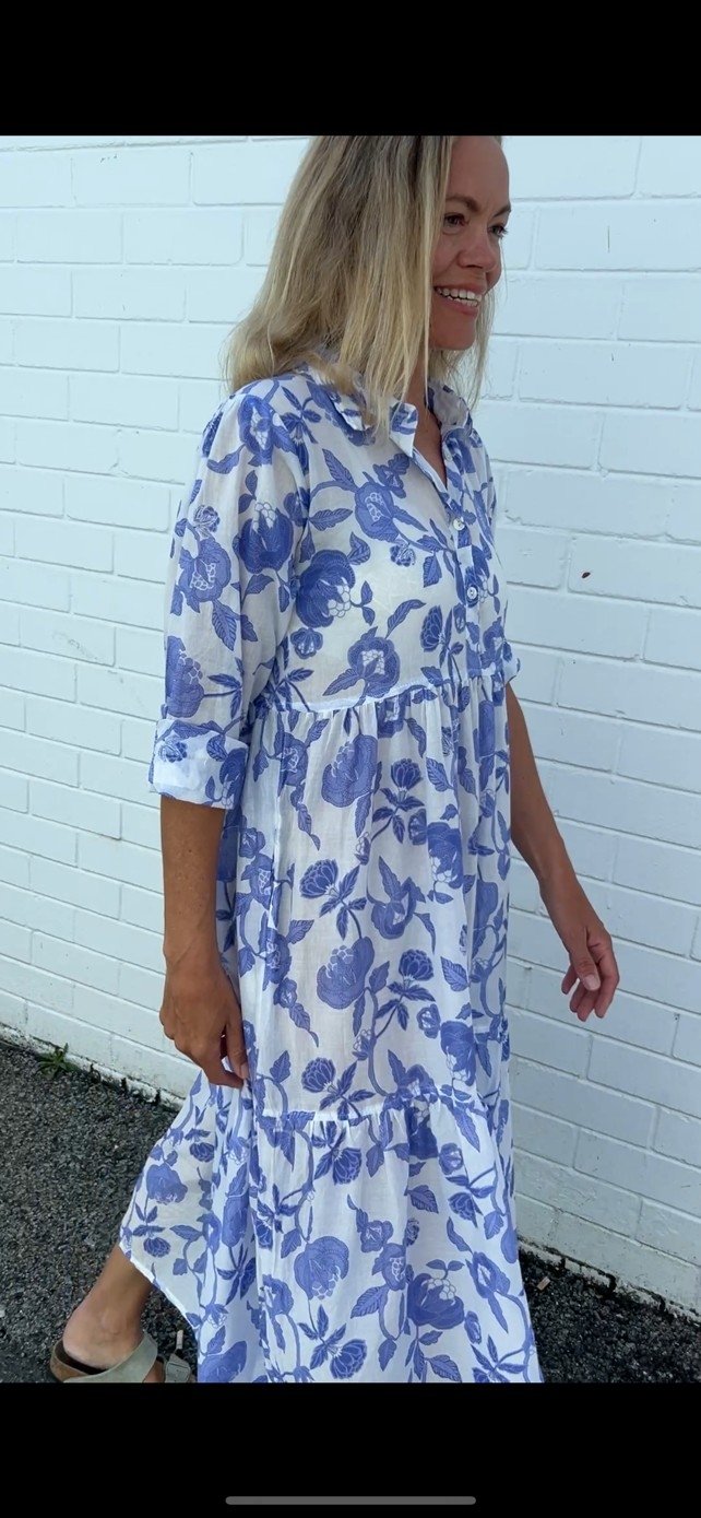 Chelsea in French Blue Floral - Pure Cotton layered dress with longsleeves