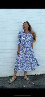 Chelsea in French Blue Floral - Pure Cotton layered dress with longsleeves