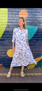 Chelsea in French Blue Floral - Pure Cotton layered dress with longsleeves