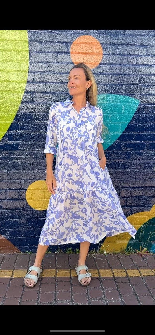 Chelsea in French Blue Floral - Pure Cotton layered dress with longsleeves