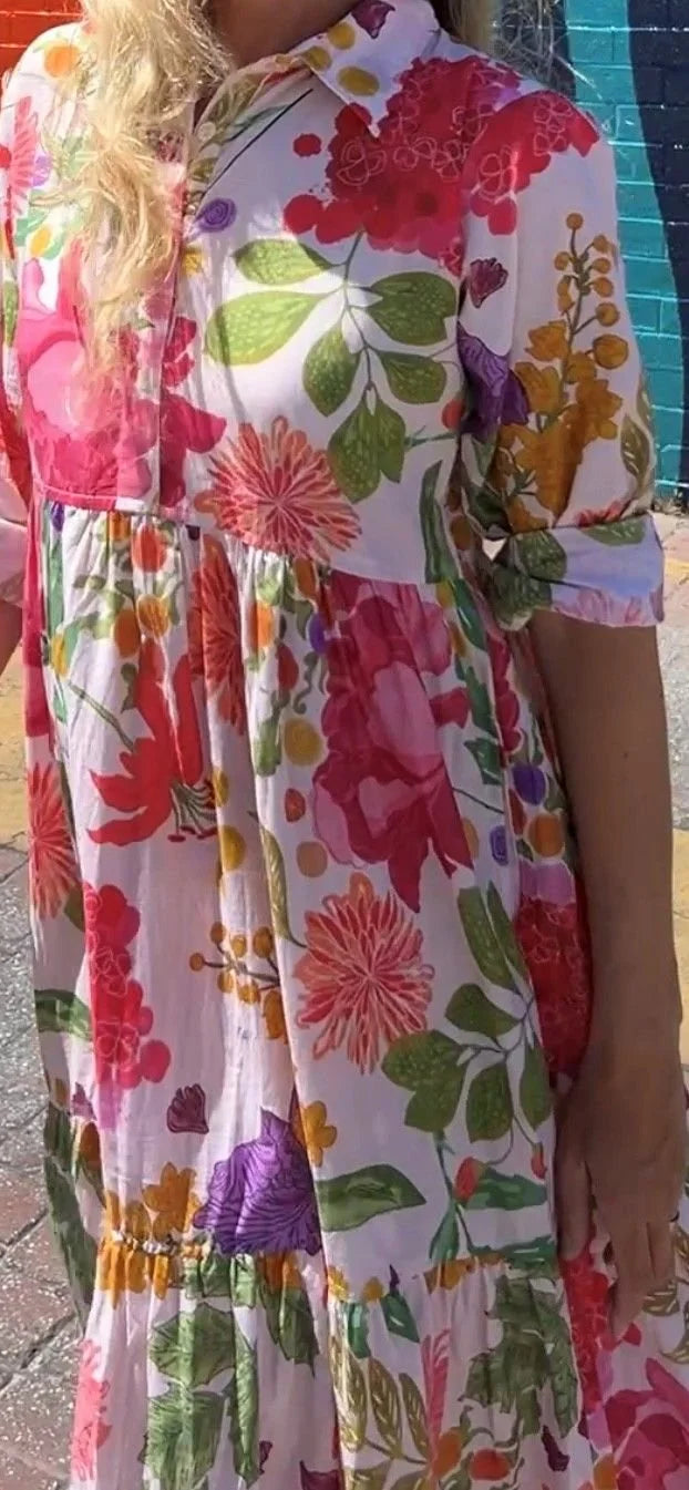 Chelsea in French Garden Floral - Pure Cotton layered dress with longsleeves