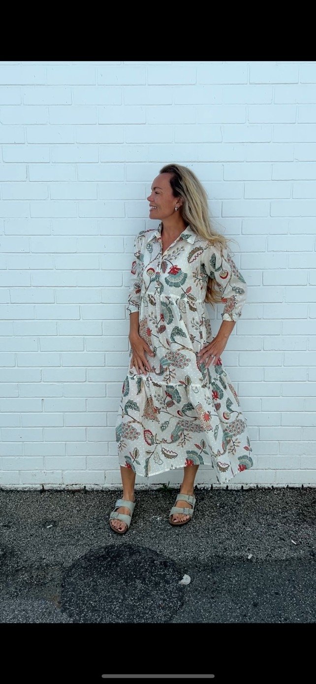 Chelsea in Natural Peacock print- Pure Cotton layered dress with longsleeves
