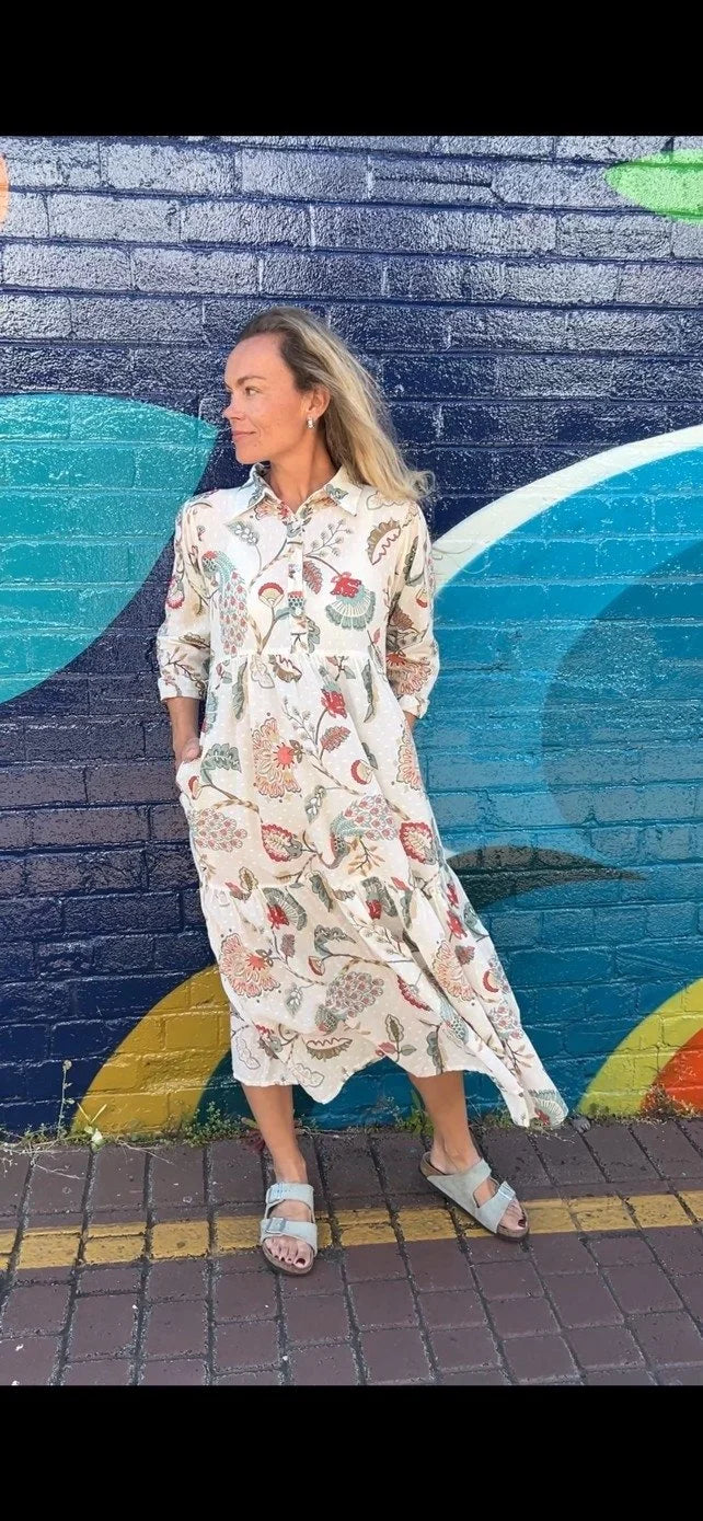 Chelsea in Natural Peacock print- Pure Cotton layered dress with longsleeves