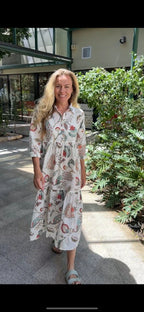 Chelsea in Natural Peacock print- Pure Cotton layered dress with longsleeves