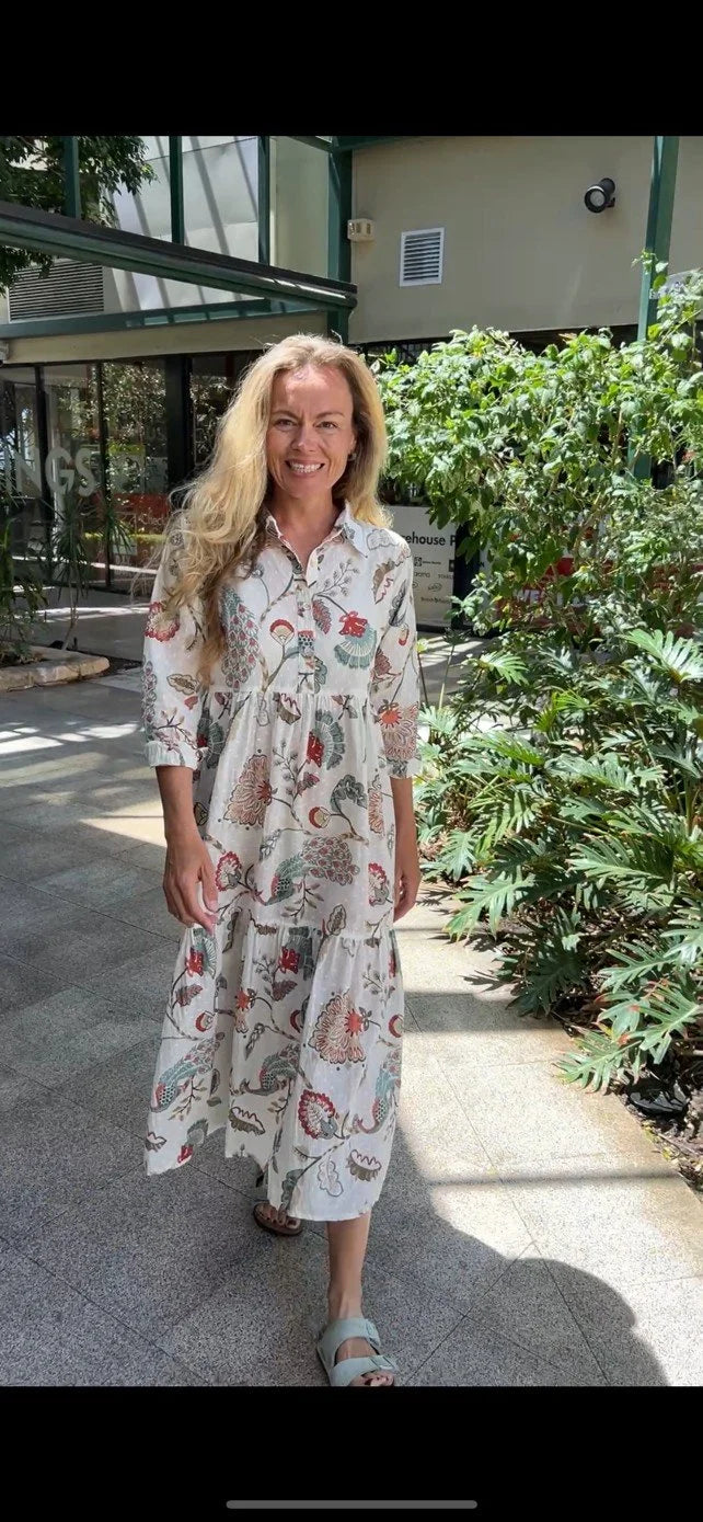 Chelsea in Natural Peacock print- Pure Cotton layered dress with longsleeves