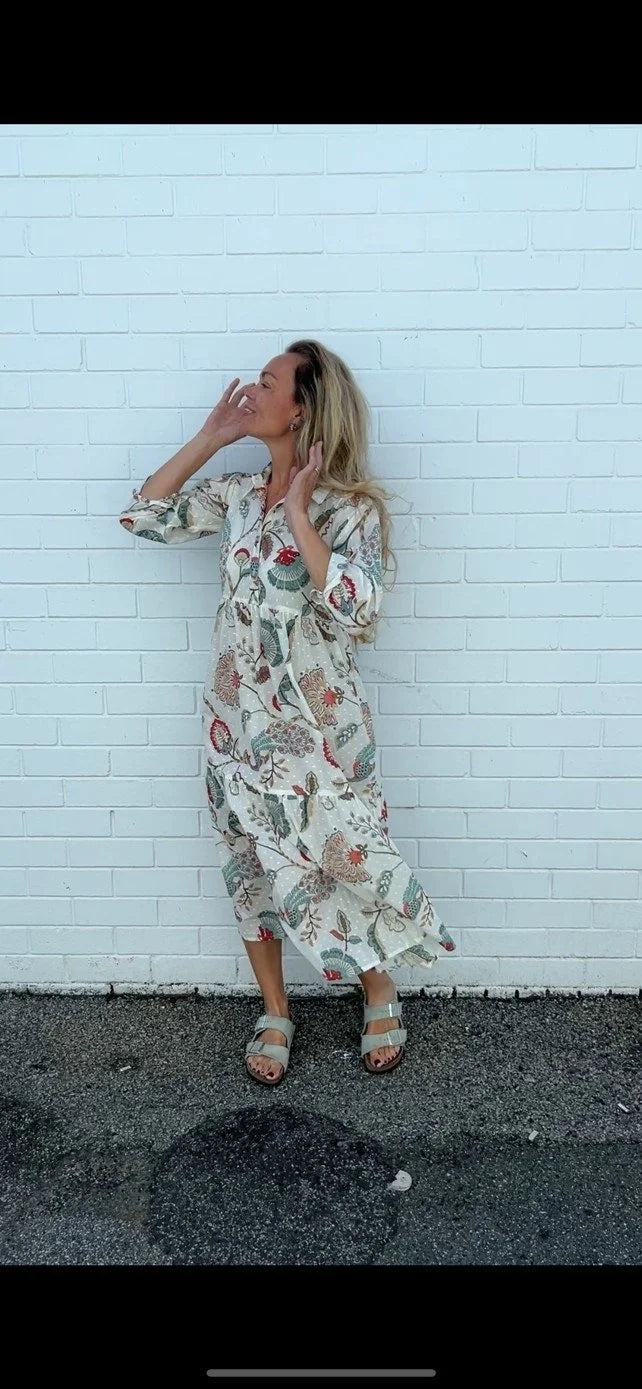 Chelsea in Natural Peacock print- Pure Cotton layered dress with longsleeves