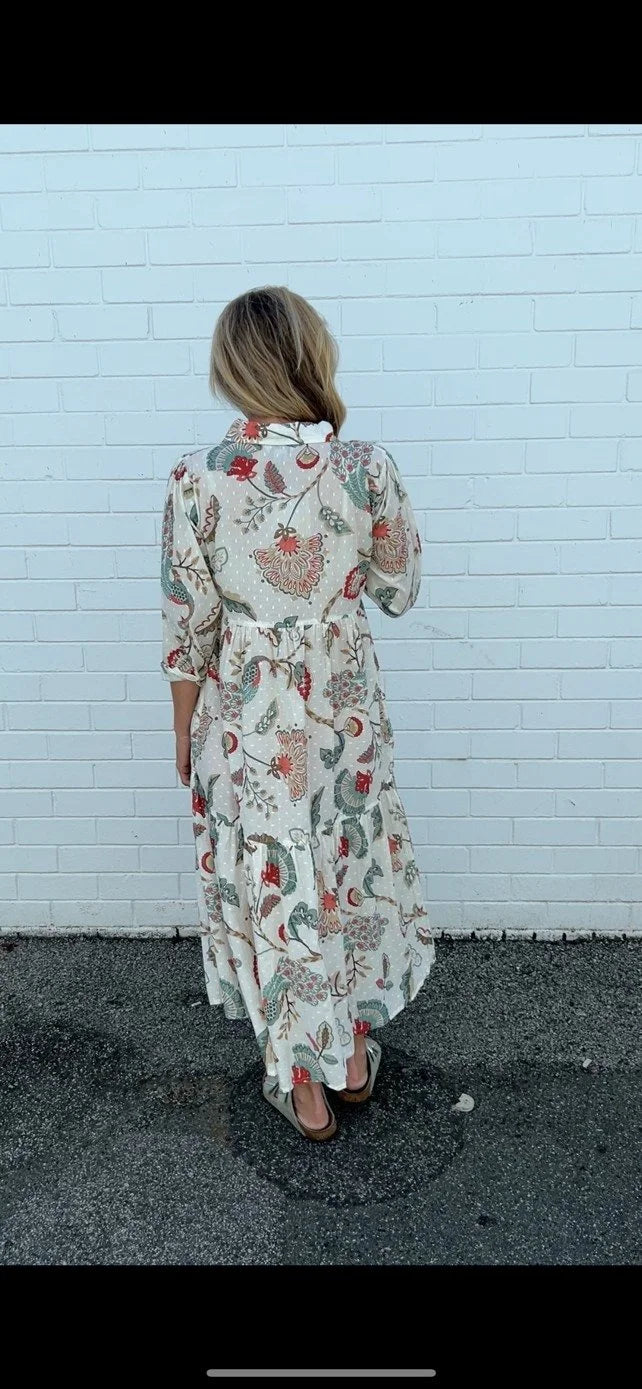 Chelsea in Natural Peacock print- Pure Cotton layered dress with longsleeves