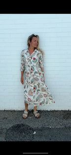 Chelsea in Natural Peacock print- Pure Cotton layered dress with longsleeves