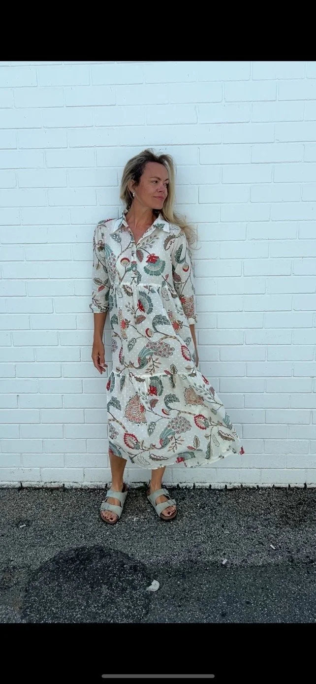 Chelsea in Natural Peacock print- Pure Cotton layered dress with longsleeves