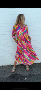 Chelsea in Pink Swirl  print- Pure Cotton layered dress with longsleeves