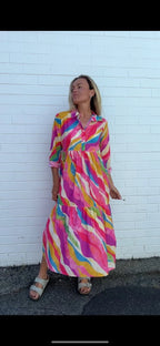 Chelsea in Pink Swirl  print- Pure Cotton layered dress with longsleeves