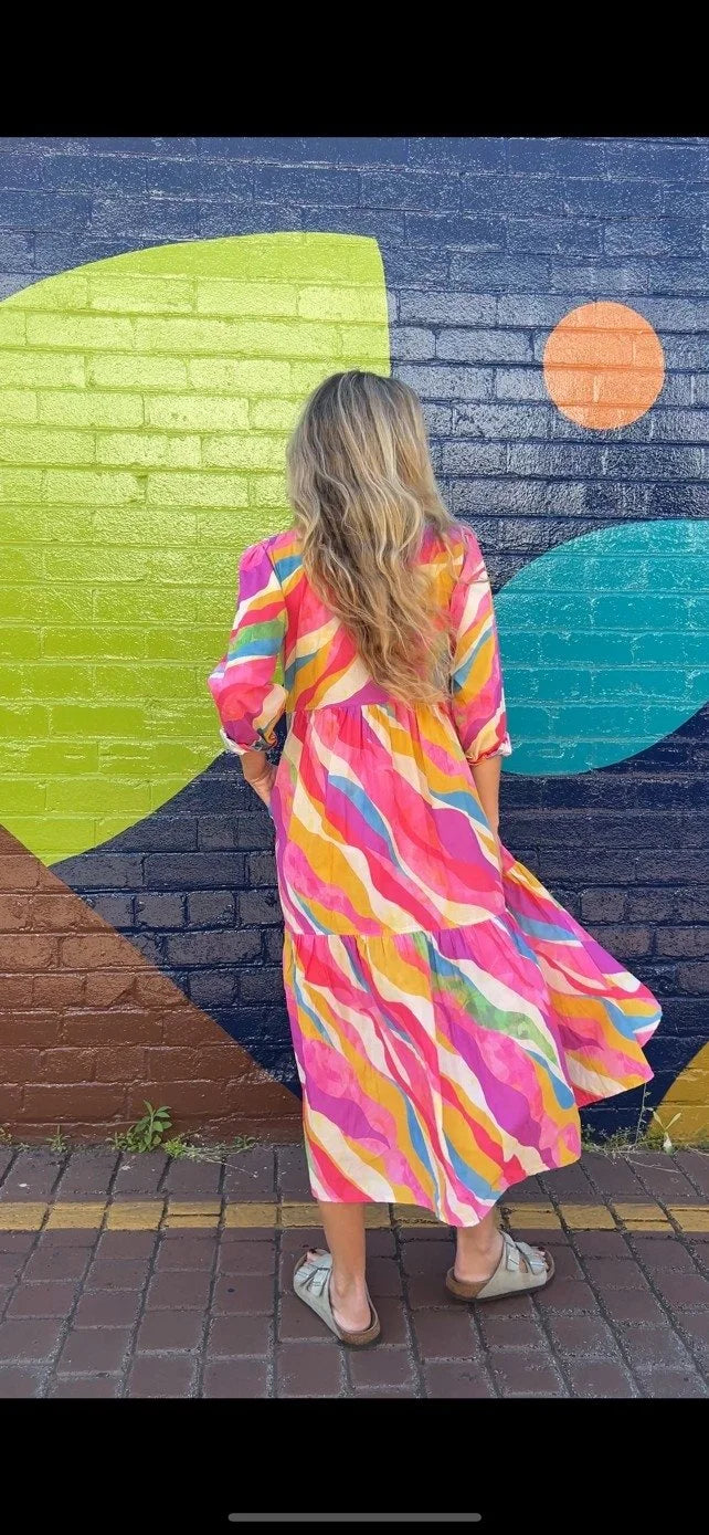 Chelsea in Pink Swirl  print- Pure Cotton layered dress with longsleeves