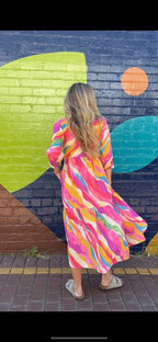 Chelsea in Pink Swirl  print- Pure Cotton layered dress with longsleeves